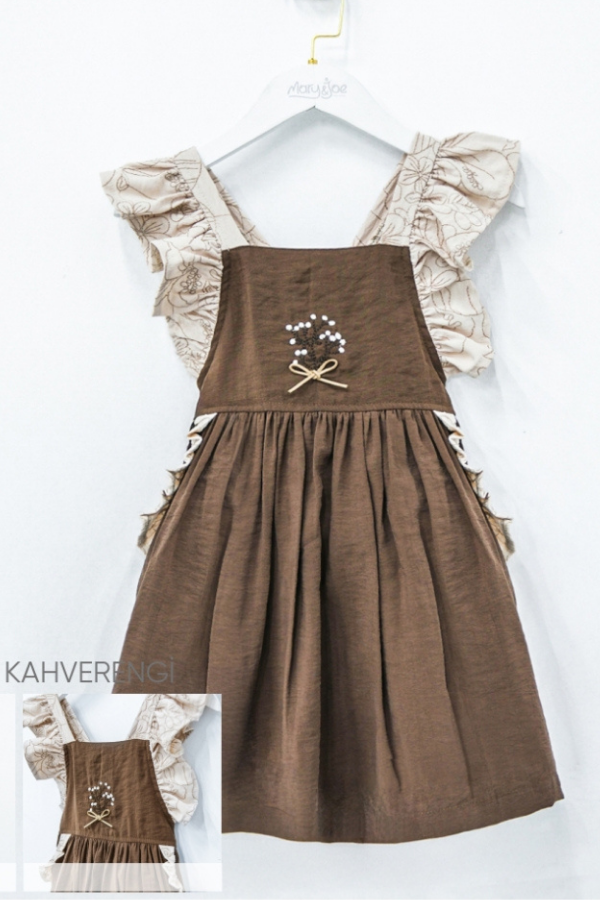 2-5 Yaş Kız Çocuk Elbisesi Fırfırlı Askılı Kahverengi Şık Elbise