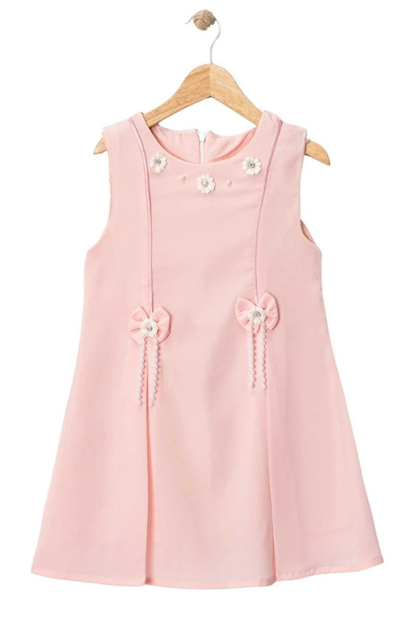 3-5 Yaş Kız Çocuk Elbisesi Pudra Pembe Çiçek Detaylı Şık Elbise