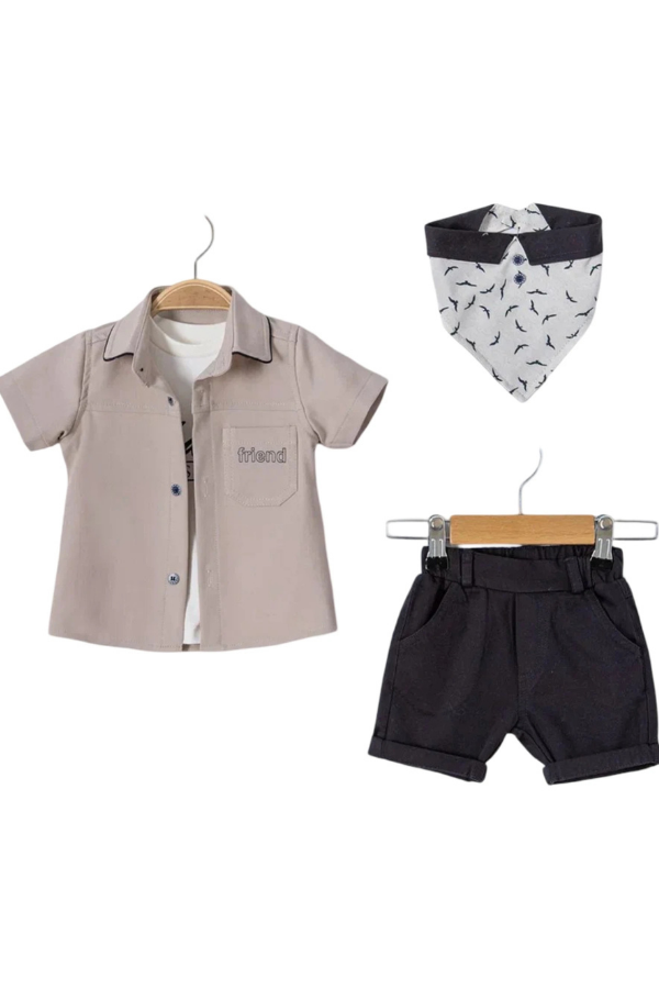 6-18 Ay Erkek Bebek Takımı Gömlekli Şortlu Bandanalı 3’lü Şık Kombin