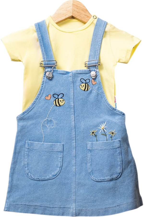 9-24 Ay Kız Bebek Elbise Kot Salopet Arı Desenli Tişörtlü 2’li Kombin