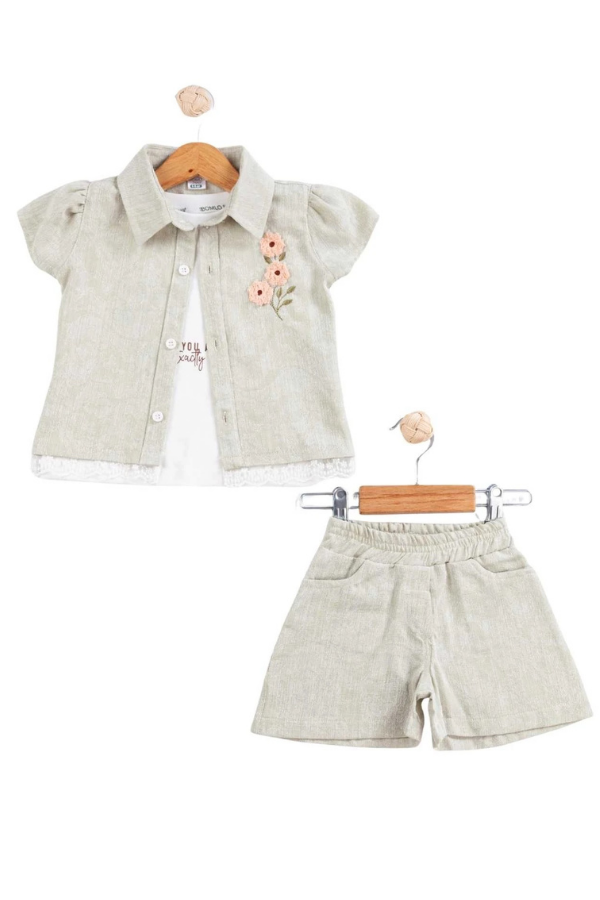 6-24 Ay Kız Çocuk Takımı Çiçek Nakışlı Şortlu Yazlık 3’lü Kombin