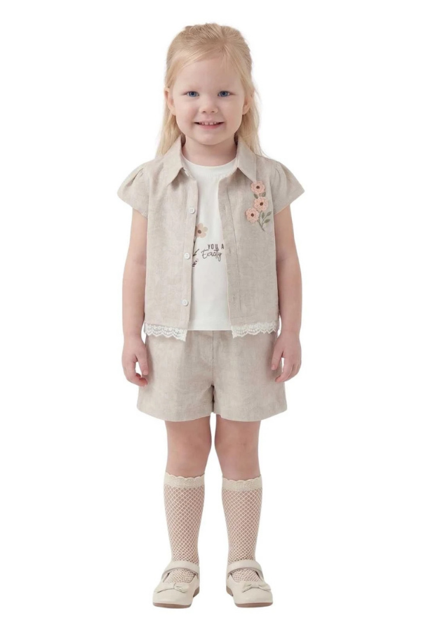 6-24 Ay Kız Çocuk Takımı Çiçek Nakışlı Şortlu Yazlık 3’lü Kombin