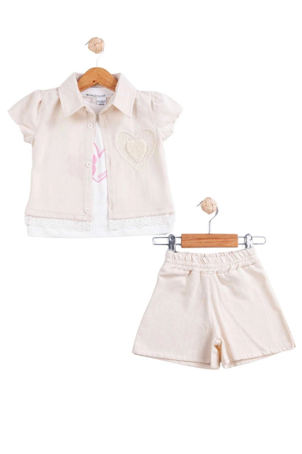 6-24 Ay Kız Çocuk Takımı Kalp Nakışlı Şortlu Yazlık 3’lü Bebek Kombini