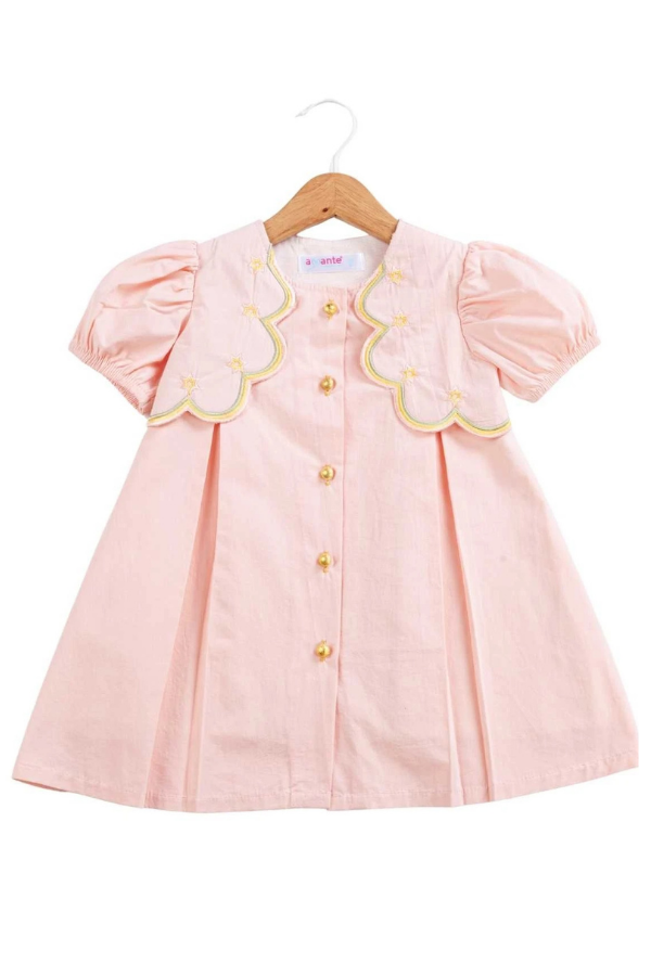 2-5 Yaş Kız Çocuk Elbisesi Nakışlı Yaka Detaylı Pudra Pembe Şık Elbise