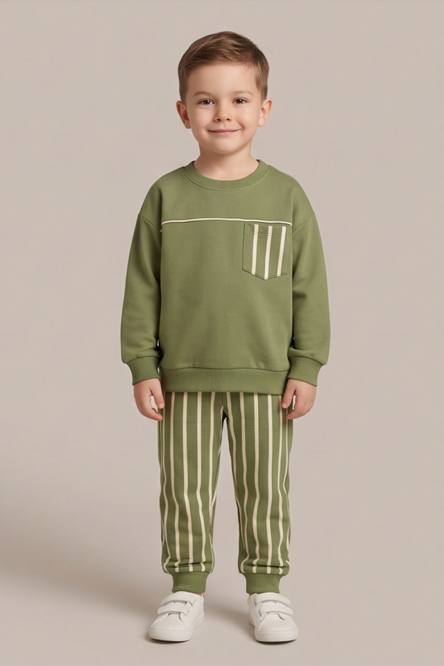 Erkek Çocuk Yeşil Çizgili  Sweatshirt ve Eşofman Takımı
