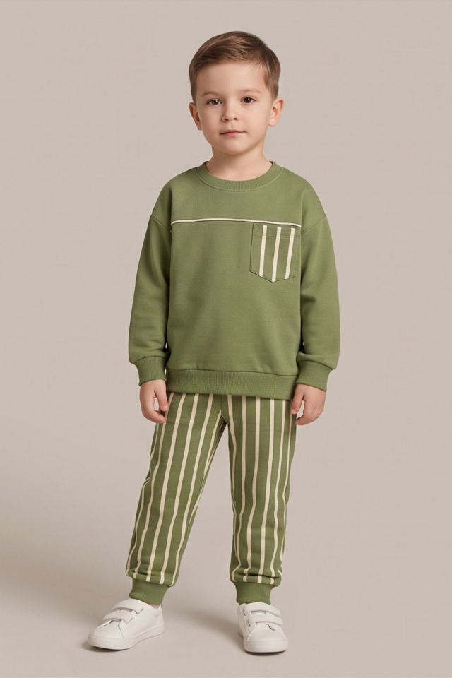 Erkek Çocuk Yeşil Çizgili  Sweatshirt ve Eşofman Takımı