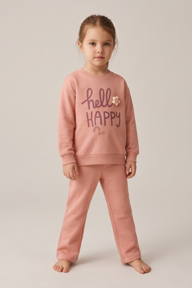 2-5 Yaş Çiçek Aplikeli ''Hello Happy'' Baskılı Kız Çocuk Takım