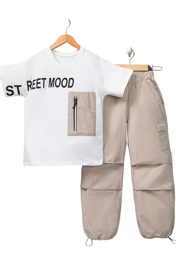 10-13 Yaş Erkek Çocuk Takımı Street Mood Baskılı Cepli Tişört ve Kargo Pantolon