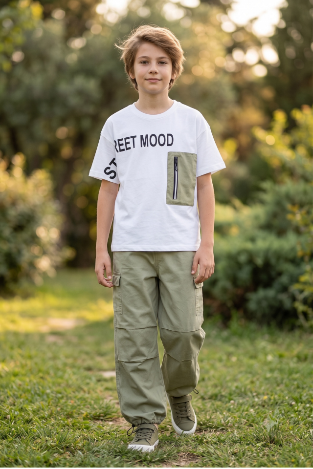 10-13 Yaş Erkek Çocuk Takımı Street Mood Baskılı Cepli Tişört ve Kargo Pantolon